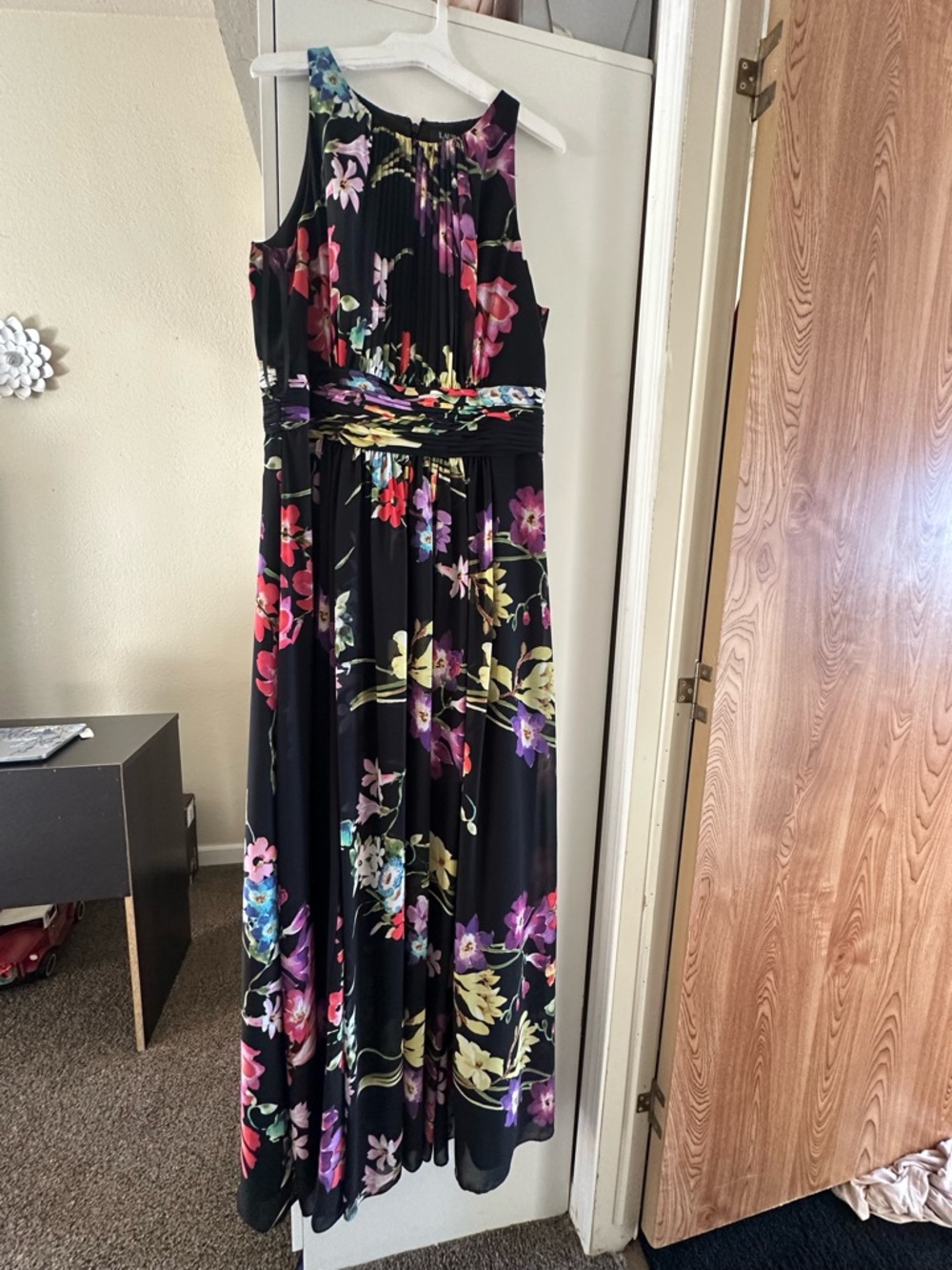 Ralph Lauren Black Maxi Dress with Pink, Purple and Yellow Floral Print